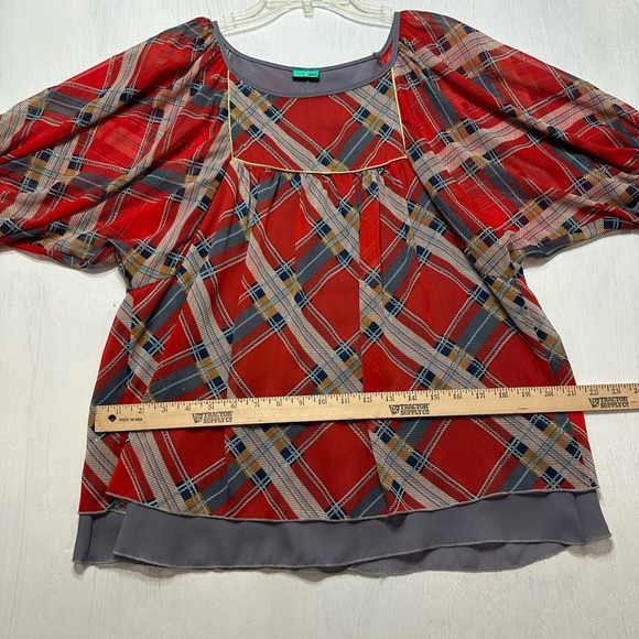 Freeway Women’s Plaid Sheer Blouse Red Gray Tie Sleeve Scoop Neck Size M USA - Picture 4 of 10